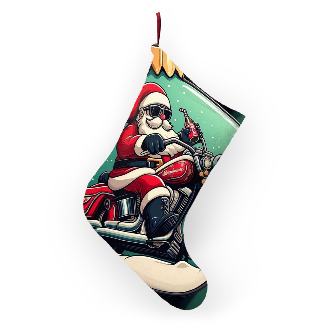 Santa's Motorcycle Stocking Biker Christmas Decor Etsy