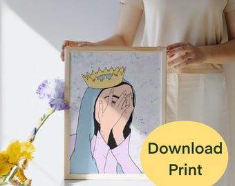 Downloadable Art of a Crying Girl with a Crown Printable Abstract Wall Art Home Decor Ideas Emotional Portrait Showing Sadness and Colorful