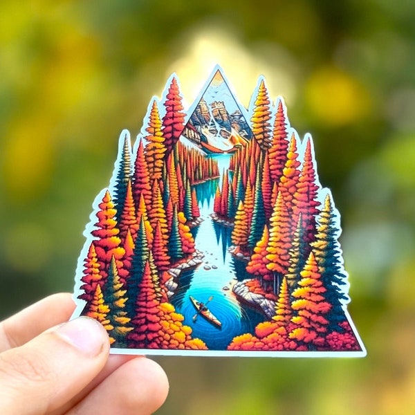 Kayak traversing through a fall landscape river die cut sticker, autumn forest river adventure triangle waterproof decal, nature pine trees