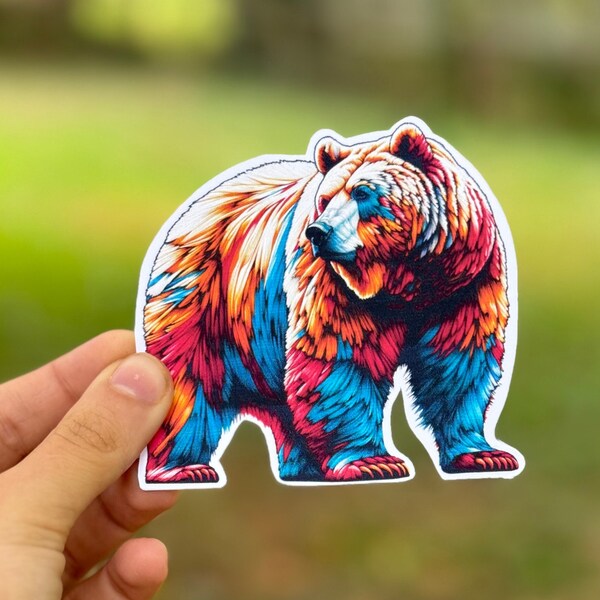 Walking Bear Decal, Die Cut Vinyl Sticker, Waterproof, Water Bottle, Laptop, Vivid Colors, Outdoor Enthusiast, Wildlife, Oranges, Blues, Red