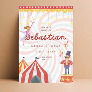 May include: Watercolor circus-themed invitation with a red and white striped tent, a trapeze artist, and a ringmaster. The invitation text reads "Join us to celebrate Sebastian" and the date and time.