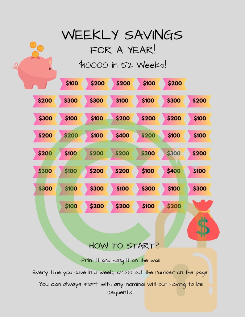 52 Week Savings Challenge Printable. Savings Goal and Guide. Budget