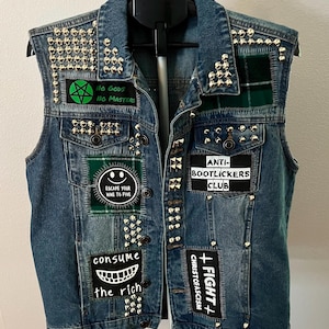 Studded Battle Vest - Denim With Punk/Anarchy Themed Patches - Men's Large