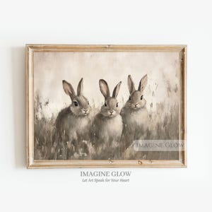Three Rabbits in Meadow Art Print Vintage Rabbit Wall Art Countryside Farmhouse Animal Print Cottagecore Bunny Painting Digital Download