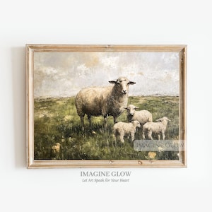 Lambs in Meadow Print Vintage Sheep Wall Art Decor Antique Lamb Wall Decor Rustic Farmhouse Vintage Spring Animal Print