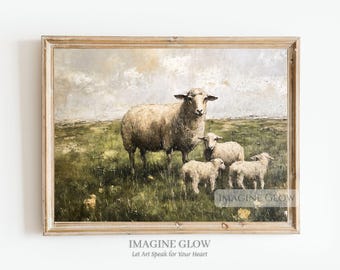 Impression vintage agneaux dans un pré : décoration murale de ferme rustique (téléchargement numérique)