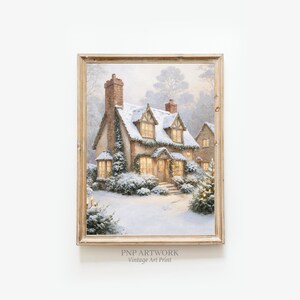 Vintage Cottage Print - Snowy Winter Poster - Christmas Art - Vintage Festival Artwork - Printable Holiday Decor - Digital Download