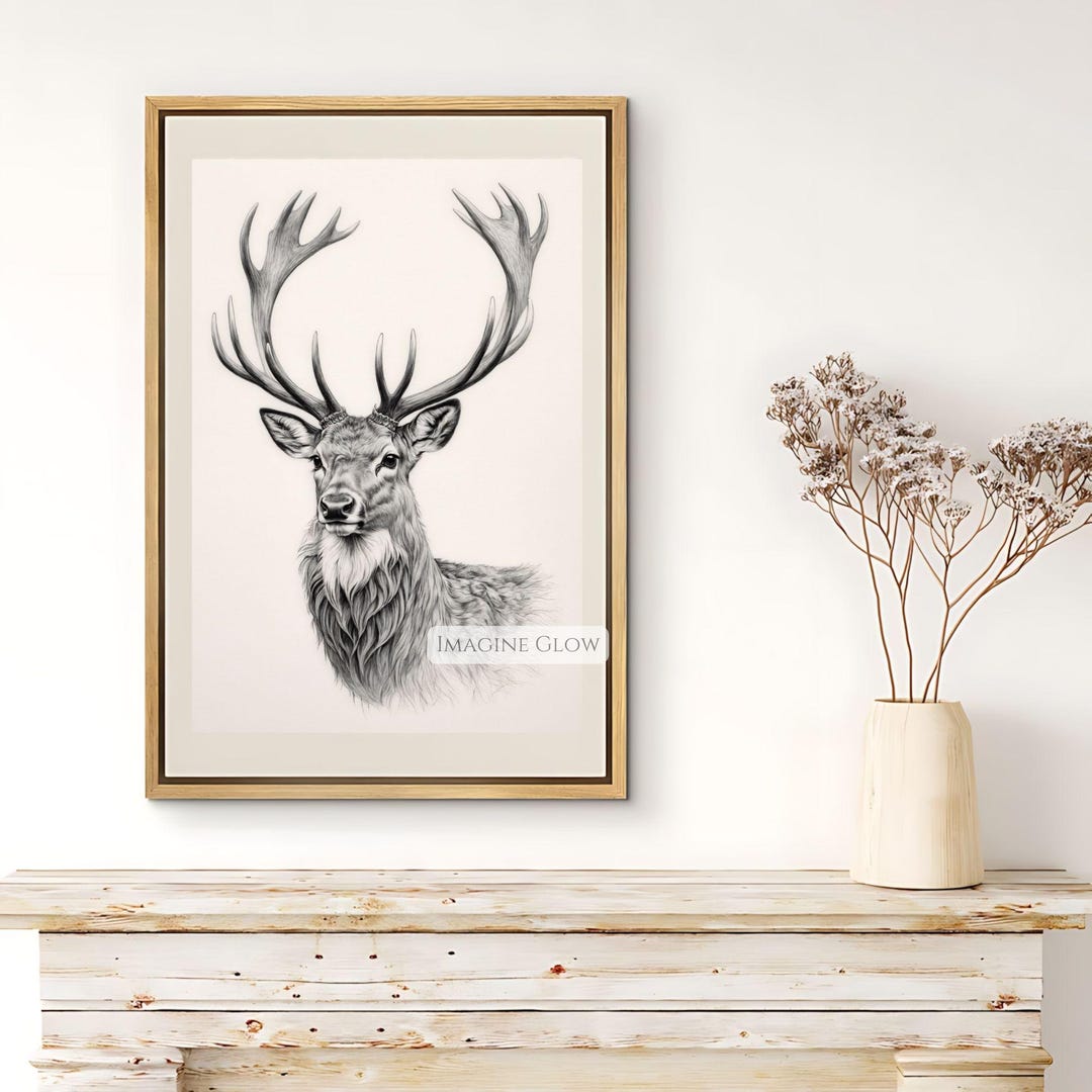 Stag Sketch Vintage Art Print Deer Wall Art Rustic Woodland Decor ...