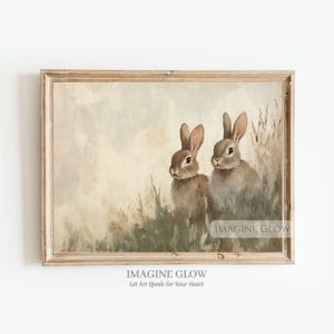 Two Rabbits in a Field Art Print Vintage Rabbit Wall Art Country Farmhouse Animal Print Cottagecore Bunny Painting Digital Download
