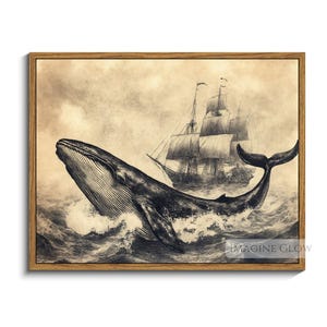 Impresión de arte de ballena, arte de pared náutico oceánico, boceto de ballena y barco vintage, pintura de vida marina antigua, boceto de animal, decoración de pared imprimible