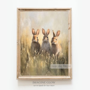 Three Bunnies Painting Vintage Rabbit Wall Art Country Farmhouse Animal Print Nature Grass Field Decor Woodland Nursery Digital Download