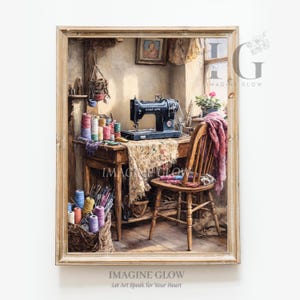 May include: A vintage sewing machine sits on a wooden table in a sunlit room.  The table is covered with a patterned tablecloth and surrounded by spools of colorful thread.  A wooden chair sits next to the table with a pink blanket draped over the back.  The text "IMAGINE GLOW" is visible in the lower right corner of the image.