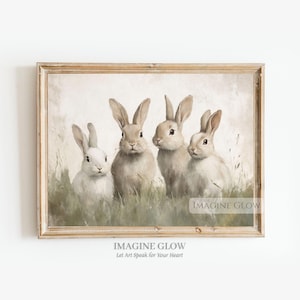 Rabbits in Meadow Art Print Vintage Rabbit Family Wall Art Countryside Farmhouse Animal Print Cottagecore Bunny Painting Digital Download