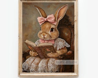 Impression d'art vintage Bunny Reading Book : décoration de chambre d'enfant lunatique (téléchargement numérique)