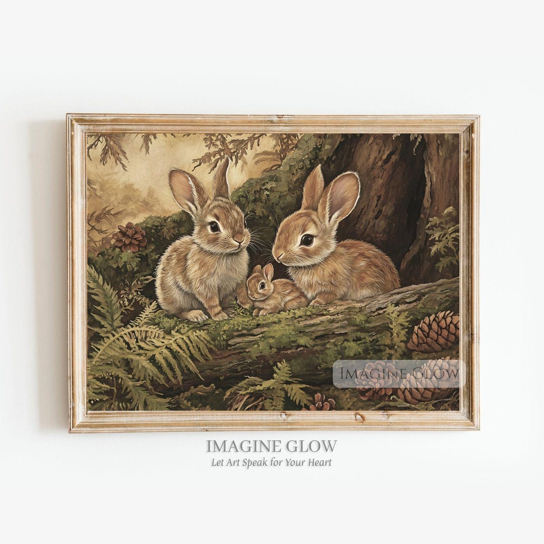 Rustic Print Rabbit Rabbit Family in Forest Art Print Vintage Rabbit Print Easter Bunny ...