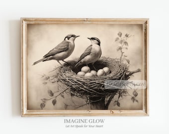 Impression d'art vintage nid d'oiseau : décoration printanière de ferme rustique (téléchargement numérique)
