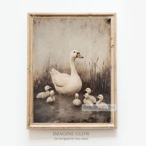 White Goose and Goslings in Pond Art Print Goose Family Painting Vintage Birds Print Nursery Decor Rustic Country Wall Art