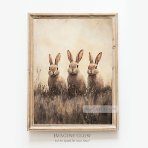 Vintage Bunny Painting Rabbit Wall Art Country Farmhouse Animal Print Nature Grass Field Decor Woodland Nursery Digital Download
