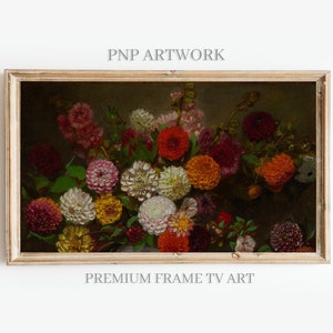 Dahlias Painting | Frame TV Art | Botanical Art | Vintage Flower Landscape | Antique Decor | Moody Dark | Instant Digital Download