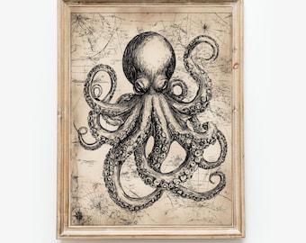 Octopus Sketch Art Print: Vintage Nautical Ocean Decor (Digital Download)