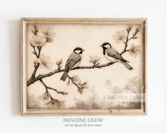 Impression de deux oiseaux sur une branche Paire d'oiseaux sur une branche Décoration florale printanière vintage Oiseau sur une branche en fleurs Art mural oiseau botanique classique