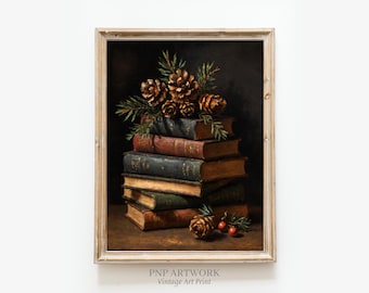 Rustic Christmas Print - Vintage Bookstore Decor - Old Books & Christmas Canvas - Book Lover Gift - Printable Wall Art - Digital Download
