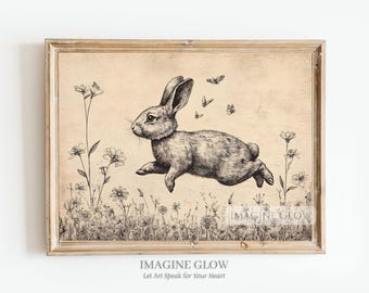 Bunny in a Wildflower Field Print Vintage Rabbit Sketch Wall Art Print Easter Bunny Print Antique Wall Decor Spring Rustic Farmhouse Decor
