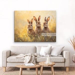 Three Rabbits at Sunset Art Print Vintage Rabbit Wall Art Countryside Farmhouse Animal Print Cottagecore Bunny Painting Digital Download