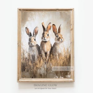 Bunnies in a Field Print Vintage Three Rabbit Wall Art Woodland Animal Print Country Farmhouse Decor Woodland Nursery Digital Download
