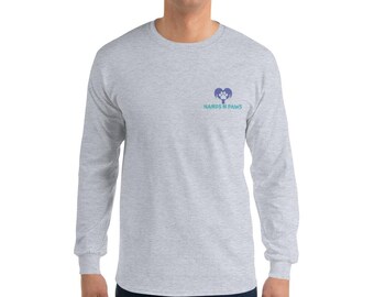 May include: A light gray long-sleeve shirt with the text "HANDS & PAWS" in teal and a blue paw print logo. The shirt is made of a soft material and has a crew neck.