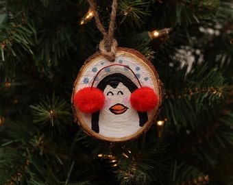 Hand painted wood slice penguin ornament