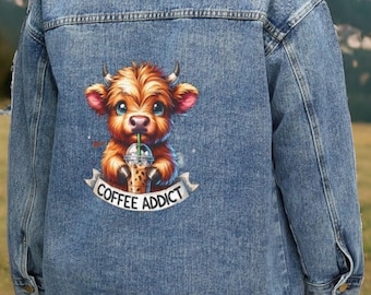 Highland cow coffee oversized Denim Jacket gift idea for cow lover gift for her jean jacket highland cow jacket relaxed Denim jean Jacket