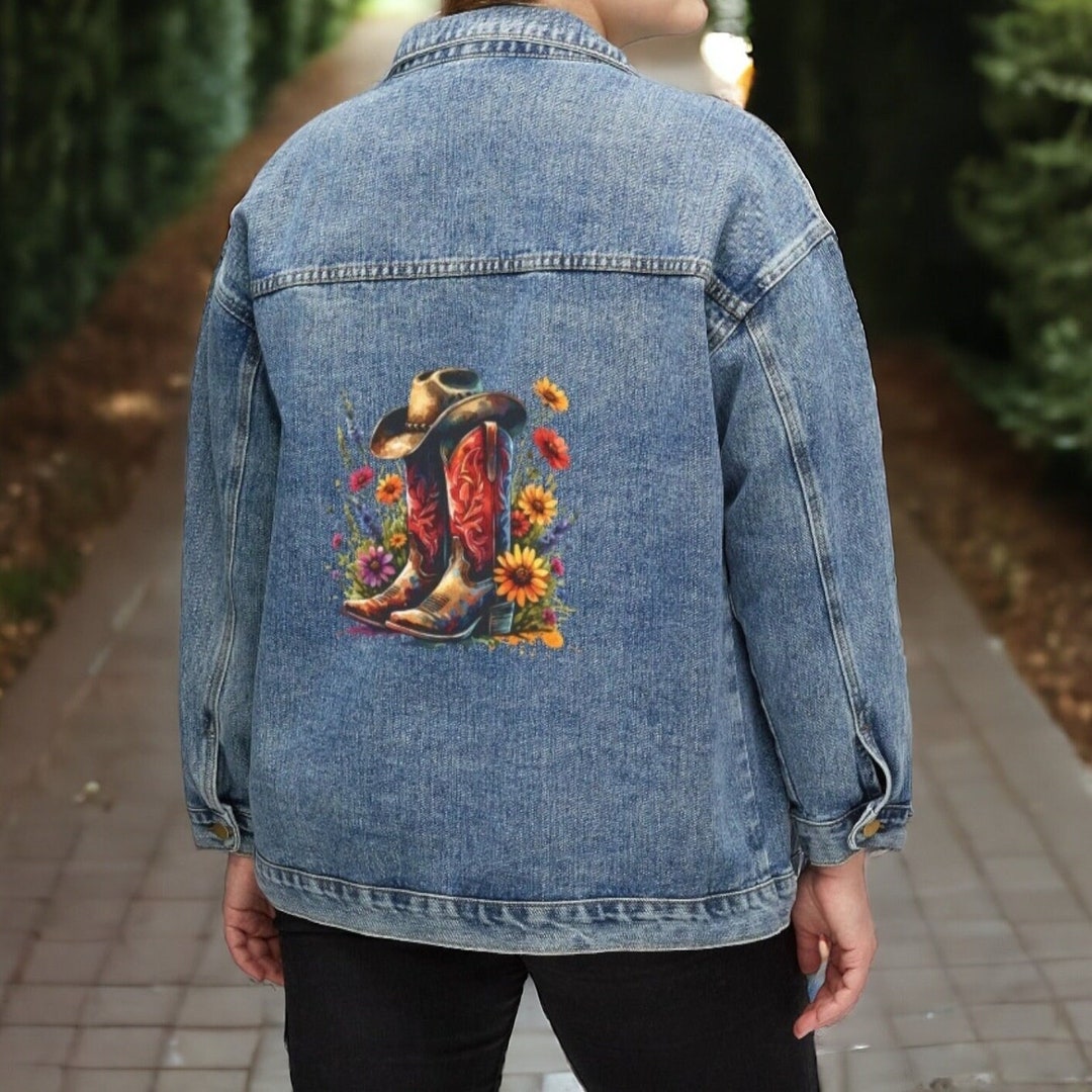 Western Hat and Boots Wildflower Oversized Denim Jean Jacket