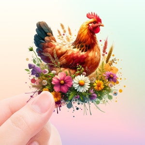 Sticker poulet avec motifs floraux Sticker transparent poulet et fleurs Sticker cadeau pour les amateurs de poulet et de fleurs cottagecore gift floral