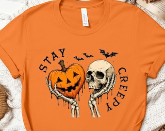 Stay Creepy Halloween Shirt, Skull & Pumpkin Heart Shirt, Retro Halloween Shirt, Womens Halloween Sweater, Skull Tshirt, Retro Spooky Tshirt