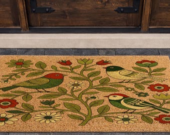 Floral Bird Coir Doormat, Folk Art Bird Coir Doormat, Floral Welcome Door Mat, Funny Birds Door Mat, Boho Floral Door Mat, Birds Front Porch