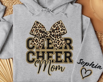 Personalized Cheer Mom Sweatshirt, Cheer Mom with Name on Sleeve, Cheerleading Mom Tee, Cheerleader Gift, Custom Cheer Shirt, Cheer Mom Gift