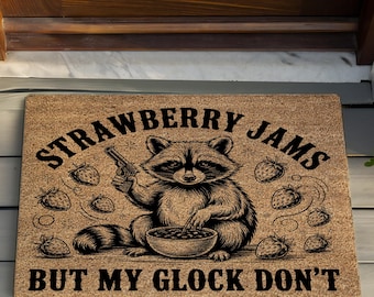 Strawberry Jams But My Glock Don't Door Mat, Funny Raccoon Doormat, Raccoon Coir Door Mat, Raccoon Welcome Doormat, Funny Outdoor Decoration