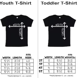 May include: Black t-shirts with size charts for youth and toddler sizes. The youth chart shows width and length in inches, with corresponding sizes. The toddler chart shows width, length, and weight in pounds, with corresponding sizes.