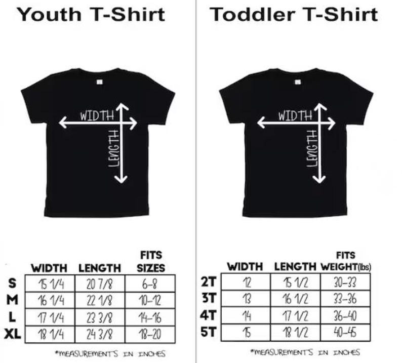 May include: Black t-shirts with size charts for youth and toddler sizes. The youth chart shows width and length in inches, with corresponding sizes. The toddler chart shows width, length, and weight in pounds, with corresponding sizes.