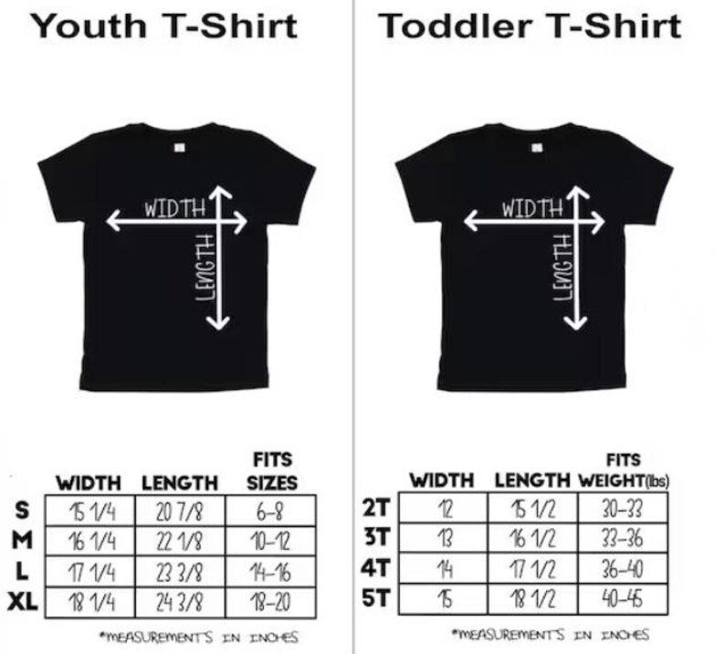 Op de afbeelding: Maattabel voor jeugd- en peuter T-shirts. De tabel toont breedte- en lengtemaat in inches, samen met de bijbehorende leeftijds- en gewichtsbereiken.  Jeugdmaten zijn S, M, L, XL. Peutermaten zijn 2T, 3T, 4T, 5T.