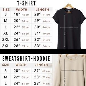 Op de afbeelding: Maattabel voor T-shirts en sweatshirts. De tabel toont de breedte- en lengtemaat in inches en centimeters voor de maten S, M, L, XL, 2XL en 3XL.