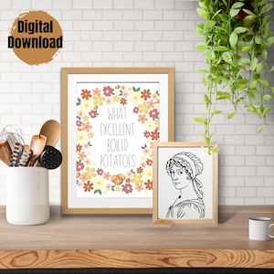 Puede incluir: Dos impresiones enmarcadas, una con un borde floral y el texto "What Excellent Boiled Potatoes" y la otra con un dibujo en blanco y negro de una mujer con un gorro.
