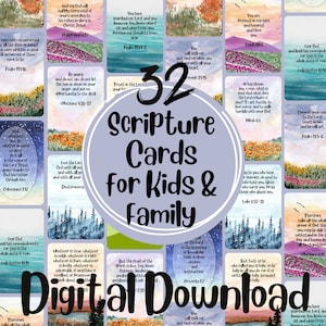 Puede incluir: Un conjunto de 32 tarjetas de escrituras descargables digitalmente para niños y familias. Las tarjetas presentan ilustraciones de acuarela de escenas de la naturaleza con versículos bíblicos inspiradores. Las tarjetas están diseñadas para ser impresas y utilizadas para fines personales o educativos.