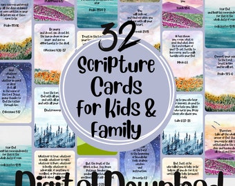 Memory Scripture Card Set for Kids & Family, printable Christian Bible Verse Cards, memorization notecards, watercolor biblical prayer cards