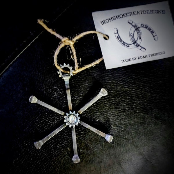 Traditional Six Sided Snowflake Horseshoe Nail Ornament. Custom shipping available contact seller