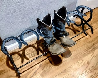 Rustic Horseshoe Boot Rack. Holds up to 3 pairs of boots.Custom shipping available