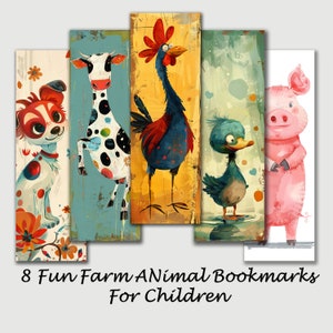 8 Fun Farm Animal Bookmarks for Children, 2x6&quot; PNG, pet illustrations for kids, instant digital download, commercial use, sublimation.
