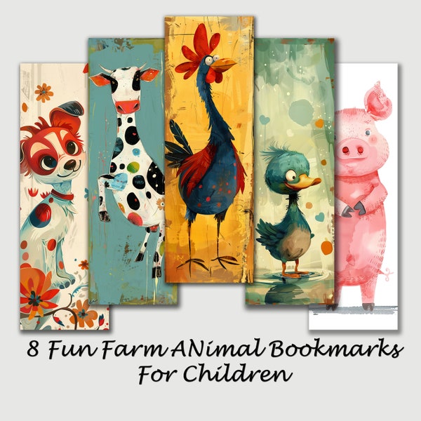 8 Fun Farm Animal Bookmarks for Children, 2x6" PNG, pet illustrations for kids, instant digital download, commercial use, sublimation.