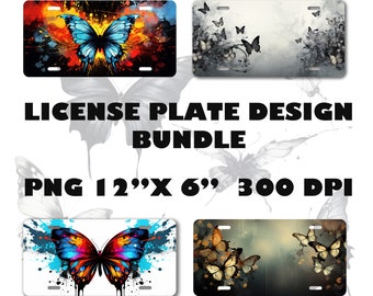 36 Butterfly License Plate Design Bundle, PNG, 12" x 6", 300 DPI, commercial use, instant download.